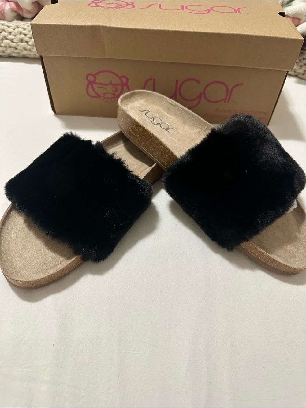 Sugar Black Faux Fur Slide Sandals